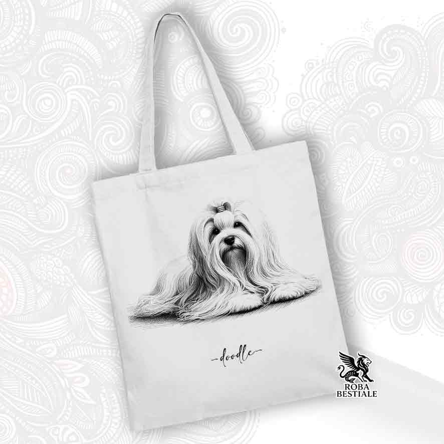 Tote bag bianca stampata con un Maltese, grafica Doodle