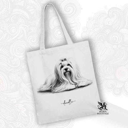 Tote bag bianca stampata con un Maltese, grafica Doodle