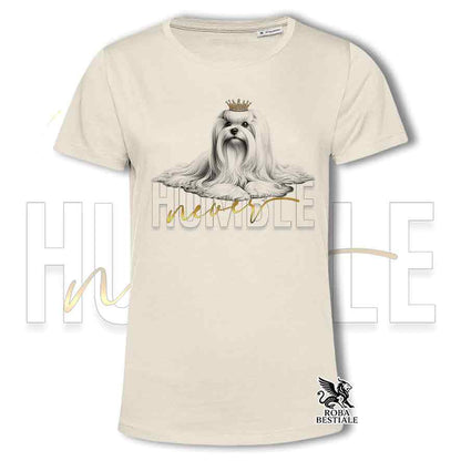 T-shirt stampata con un Maltese, colore beige con grafica Never Humble