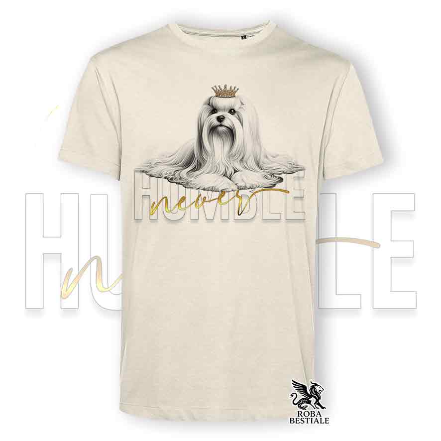 T-shirt stampata con un Maltese, colore beige con grafica Never Humble