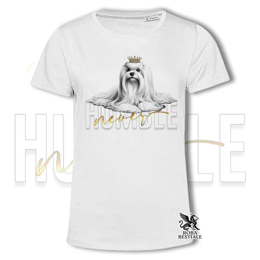 T-shirt stampata con un Maltese, colore bianco con grafica Never Humble