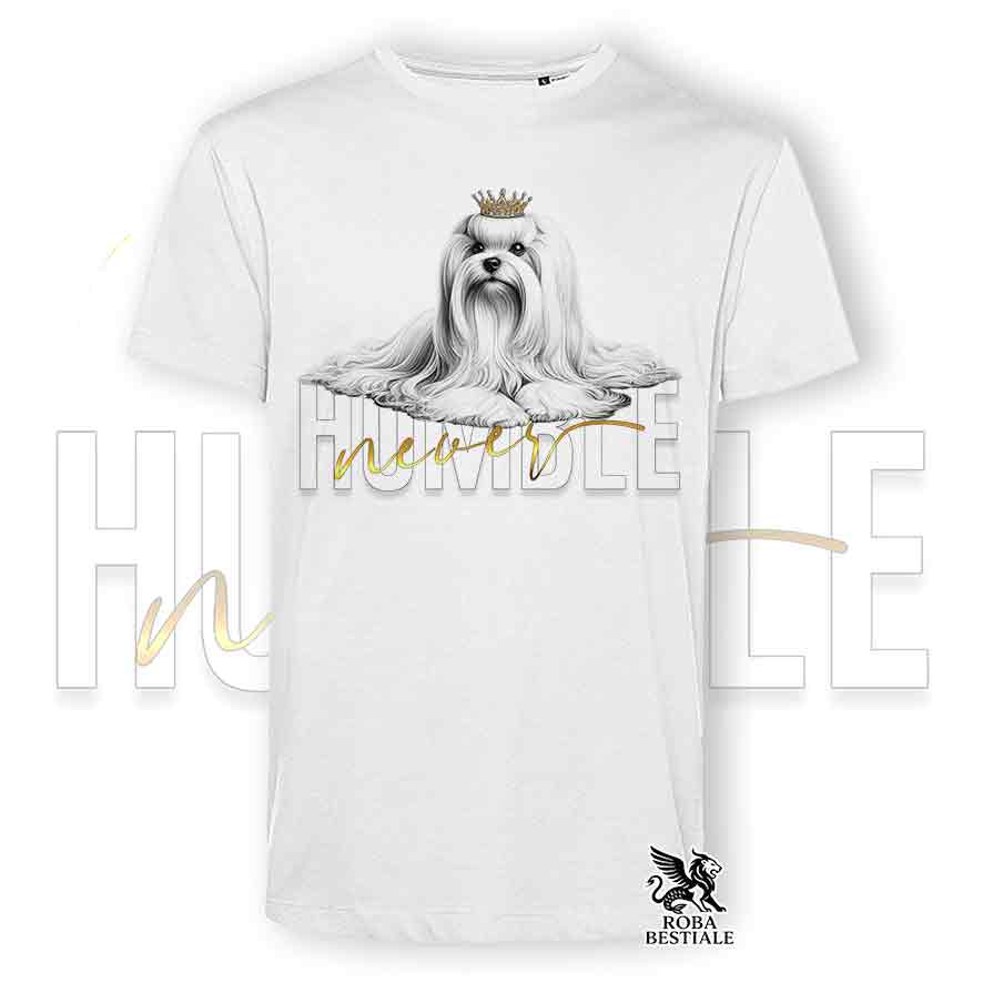 T-shirt stampata con un Maltese, colore bianco con grafica Never Humble
