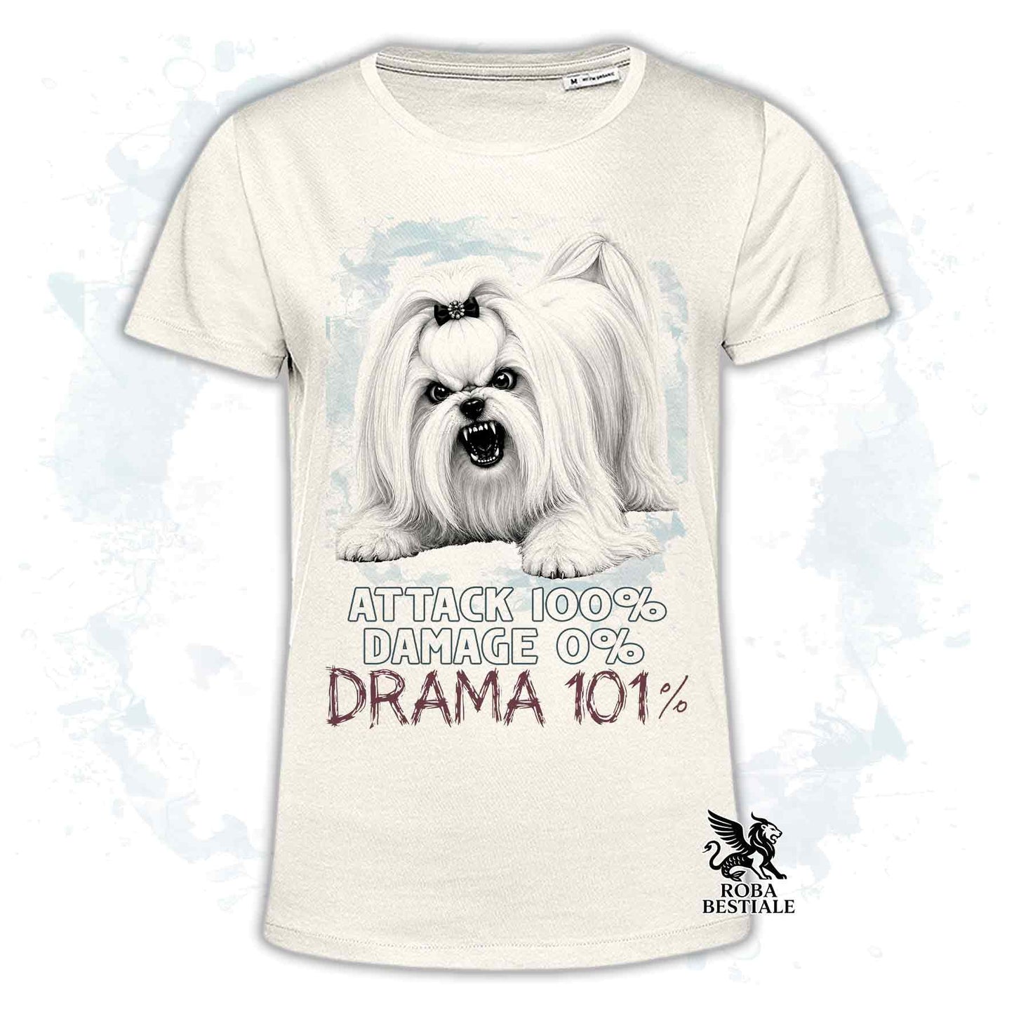 Maglietta beige stampata con un Maltese, collezione originale Drama 101 di Roba Bestiale 
