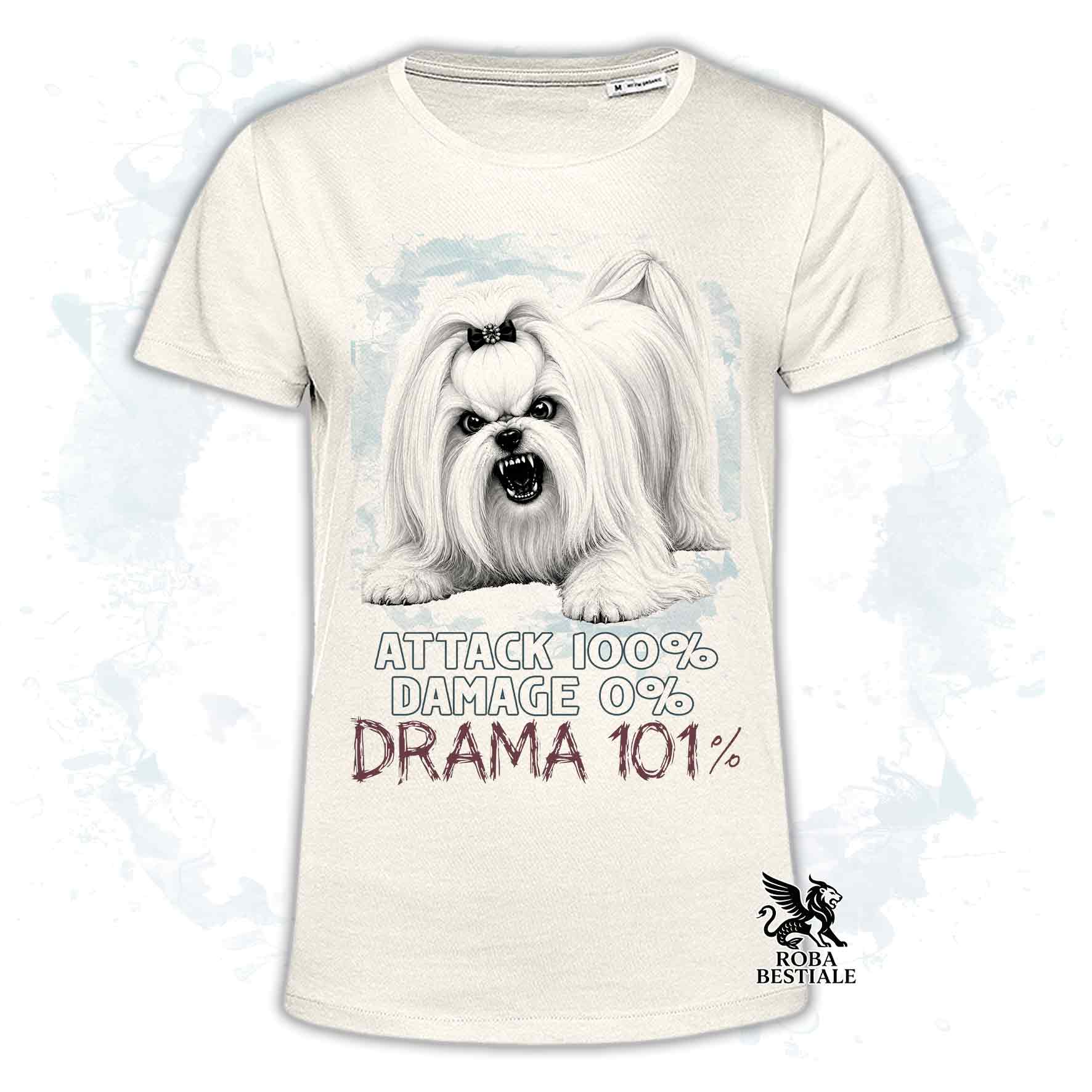 Maglietta beige stampata con un Maltese, collezione originale Drama 101 di Roba Bestiale 