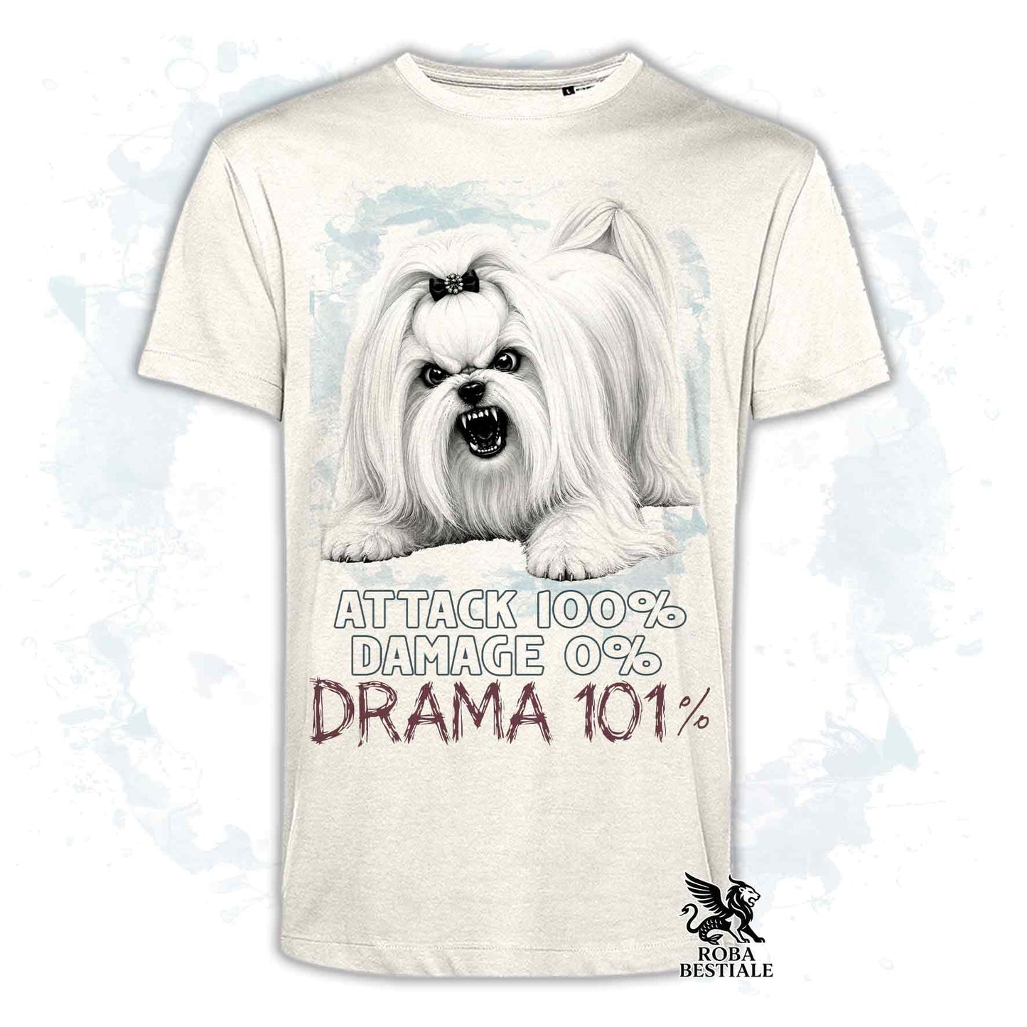 Maglietta beige stampata con un Maltese, collezione originale Drama 101 di Roba Bestiale 