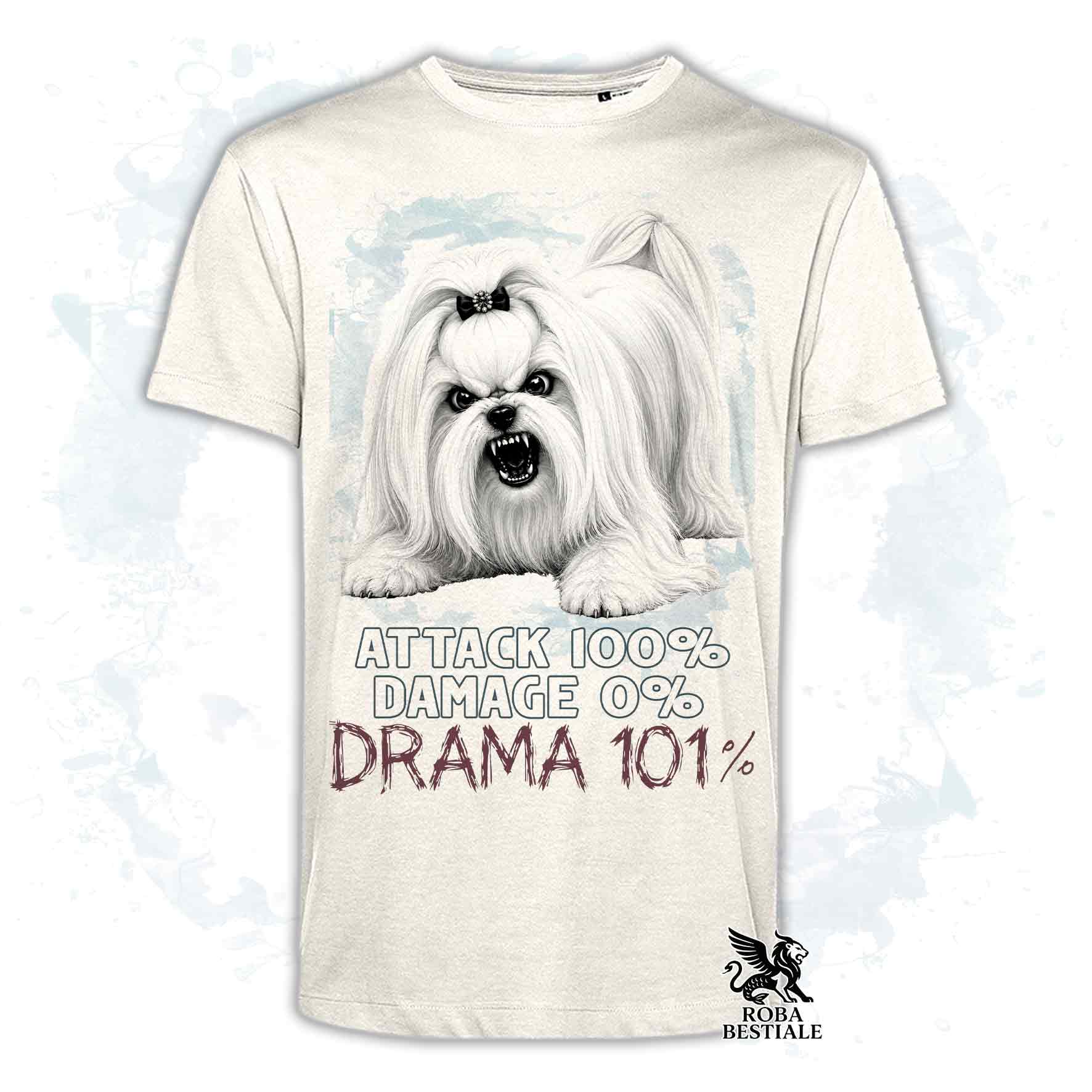 Maglietta beige stampata con un Maltese, collezione originale Drama 101 di Roba Bestiale 