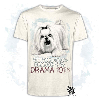 Maglietta beige stampata con un Maltese, collezione originale Drama 101 di Roba Bestiale 