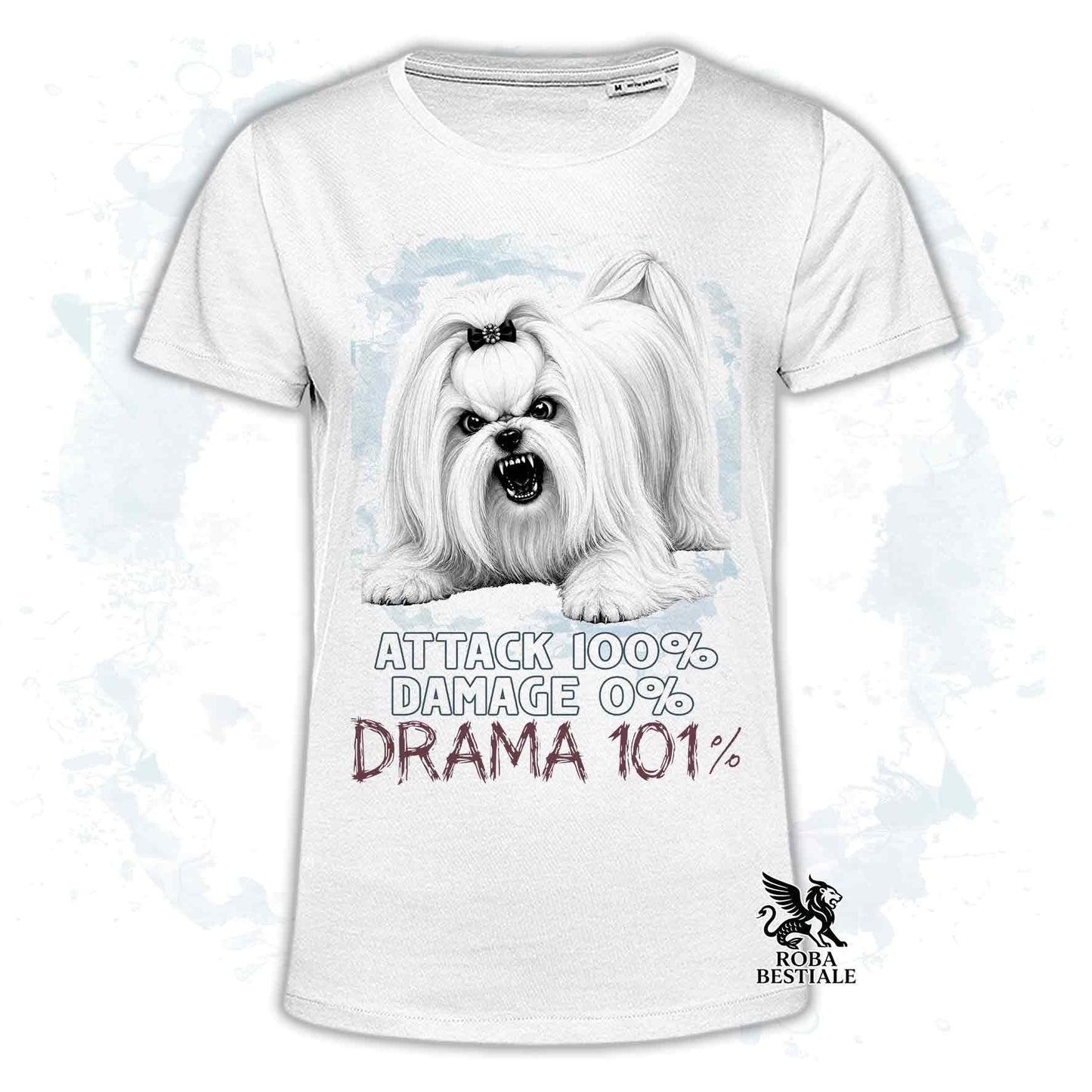 Maglietta bianca stampata con un Maltese, collezione originale Drama 101 di Roba Bestiale 