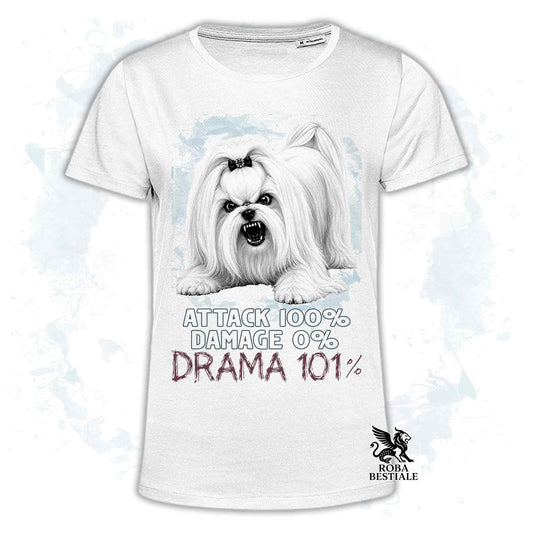 Maglietta bianca stampata con un Maltese, collezione originale Drama 101 di Roba Bestiale 