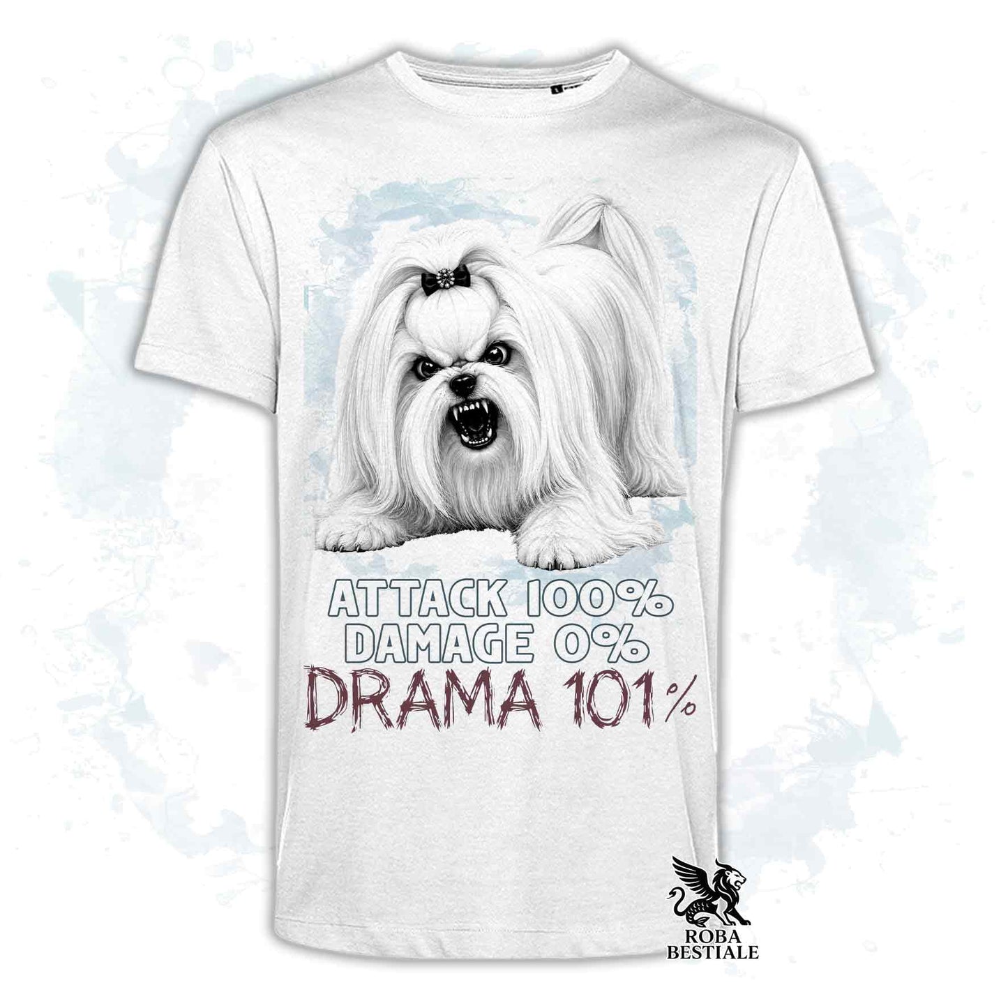 Maglietta bianca stampata con un Maltese, collezione originale Drama 101 di Roba Bestiale 