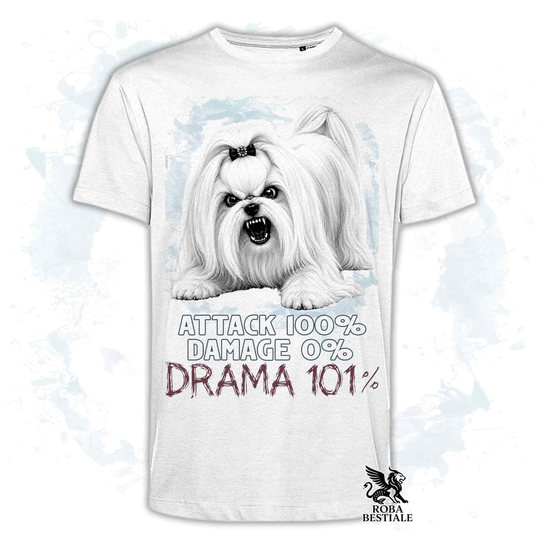 Maglietta bianca stampata con un Maltese, collezione originale Drama 101 di Roba Bestiale 