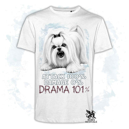Maglietta bianca stampata con un Maltese, collezione originale Drama 101 di Roba Bestiale 