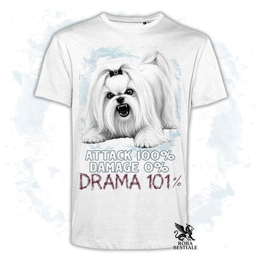 Maglietta bianca stampata con un Maltese, collezione originale Drama 101 di Roba Bestiale 