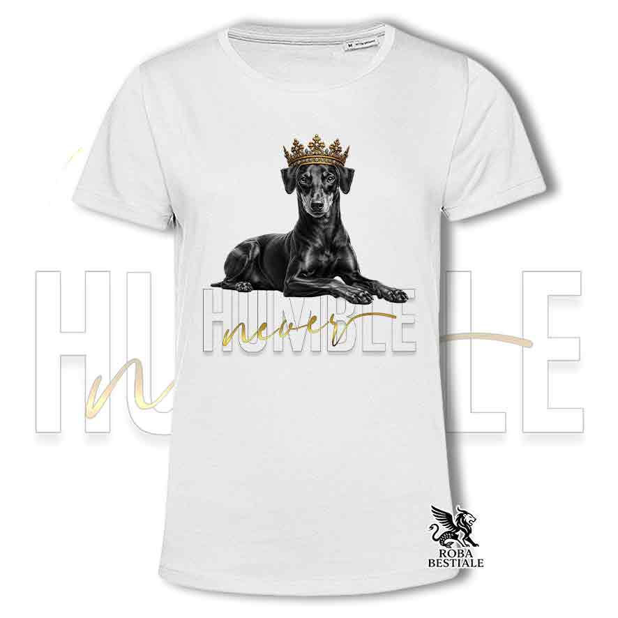 T-shirt stampata con un Manchester Terrier, colore bianco con grafica Never Humble