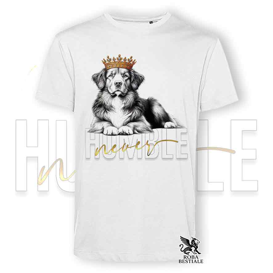 T-shirt stampata con un Nova Scotia Duck Tolling Retriever, colore bianco con grafica Never Humble