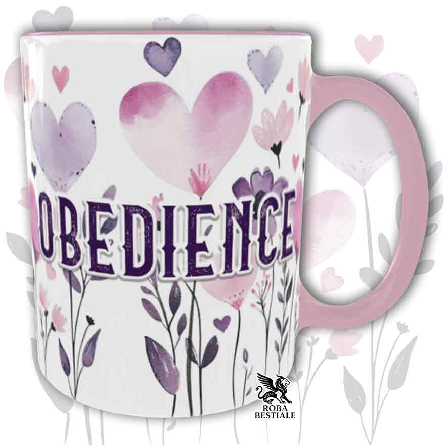 Tazza con dettagli rosa stampata con una grafica dedicata all'Obedience, collezione Candy