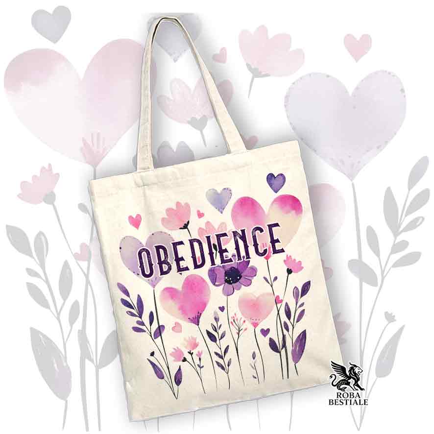 Borsa shopper beige stampata con una grafica dedicata all'Obedience, collezione Candy