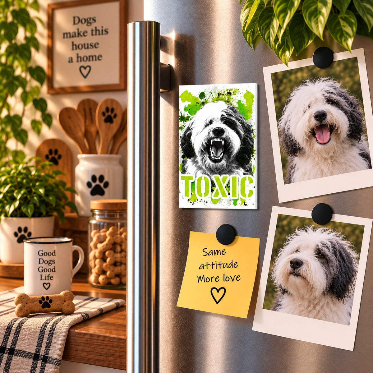 Calamita in MDF con la stampa di un Old English Sheepdog. Idea regalo per amanti dei cani, da Roba Bestiale