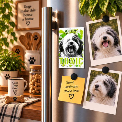 Calamita in MDF con la stampa di un Old English Sheepdog. Idea regalo per amanti dei cani, da Roba Bestiale