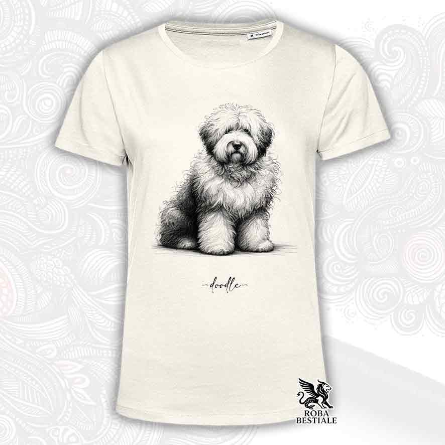 T-shirt beige stampata con un Old English Sheepdog, grafica Doodle