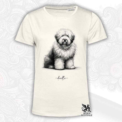 T-shirt beige stampata con un Old English Sheepdog, grafica Doodle