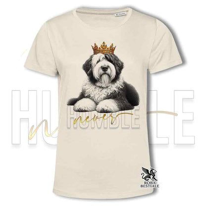 T-shirt stampata con un Old English Sheepdog, colore beige con grafica Never Humble