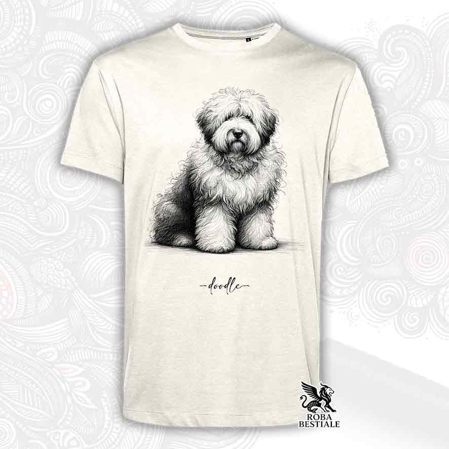 T-shirt beige stampata con un Old English Sheepdog, grafica Doodle