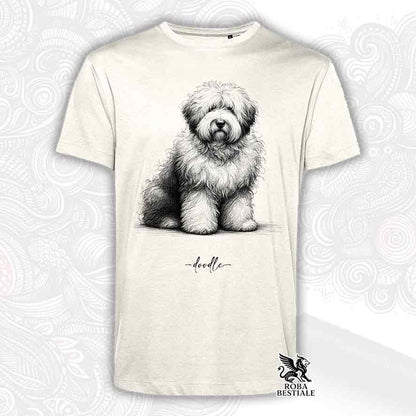 T-shirt beige stampata con un Old English Sheepdog, grafica Doodle