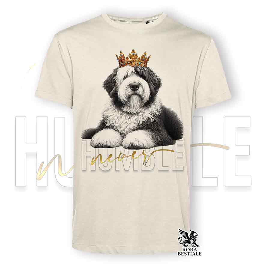 T-shirt stampata con un Old English Sheepdog, colore beige con grafica Never Humble