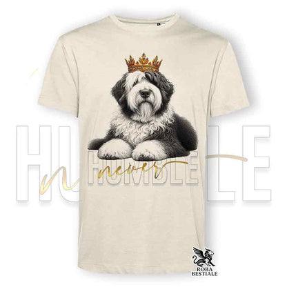 T-shirt stampata con un Old English Sheepdog, colore beige con grafica Never Humble
