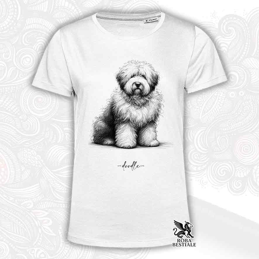 T-shirt bianca stampata con un Old English Sheepdog, grafica Doodle