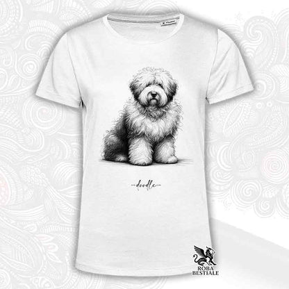 T-shirt bianca stampata con un Old English Sheepdog, grafica Doodle