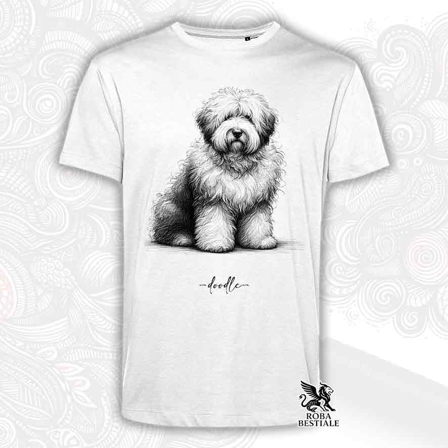 T-shirt bianca stampata con un Old English Sheepdog, grafica Doodle