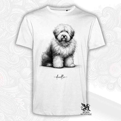 T-shirt bianca stampata con un Old English Sheepdog, grafica Doodle