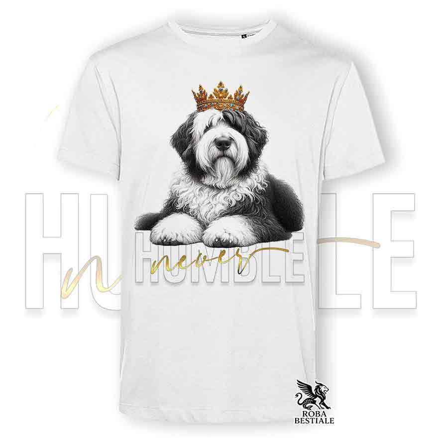 T-shirt stampata con un Old English Sheepdog, colore bianco con grafica Never Humble