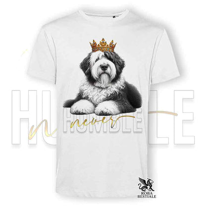 T-shirt stampata con un Old English Sheepdog, colore bianco con grafica Never Humble