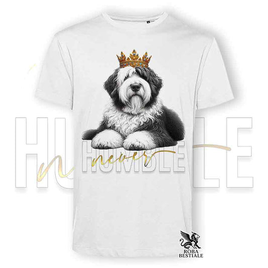T-shirt stampata con un Old English Sheepdog, colore bianco con grafica Never Humble