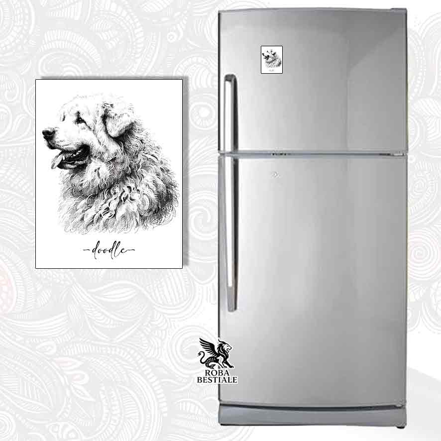 Calamita bianca stampata con un Pastore Abruzzese Maremmano, grafica Doodle