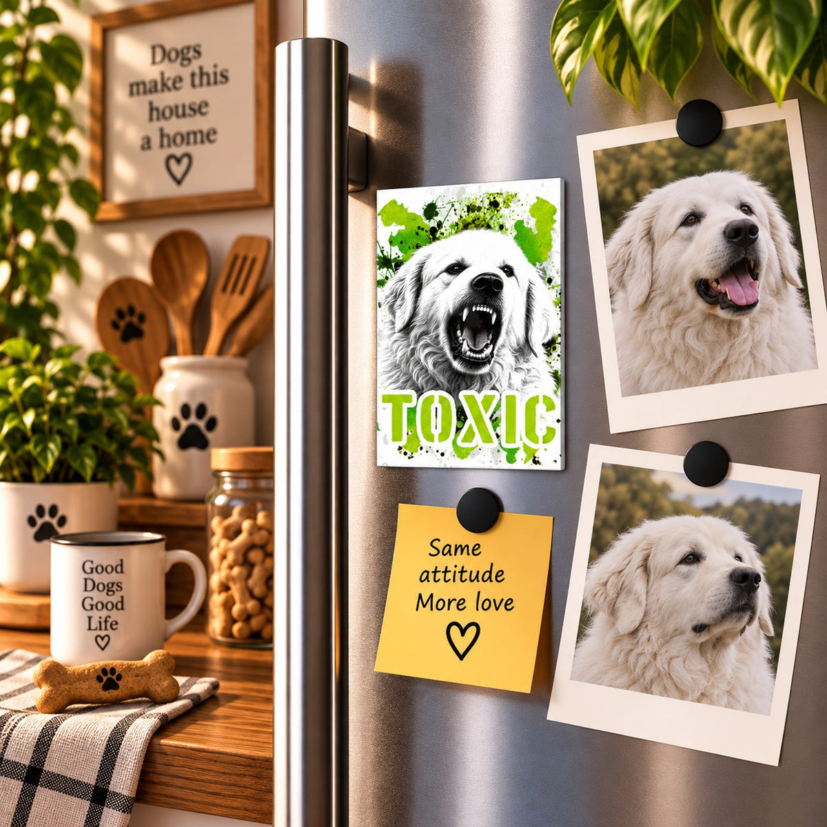 Calamita in MDF con la stampa di un Pastore Abruzzese Maremmano. Idea regalo per amanti dei cani, da Roba Bestiale