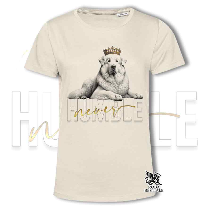 T-shirt stampata con un Pastore Abruzzese Maremmano, colore beige con grafica Never Humble