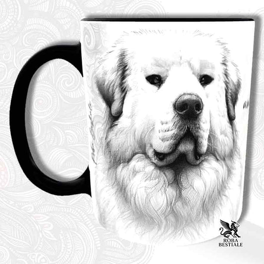 Tazza bianca con dettagli neri, stampata con un Pastore Abruzzese Maremmano, grafica Doodle