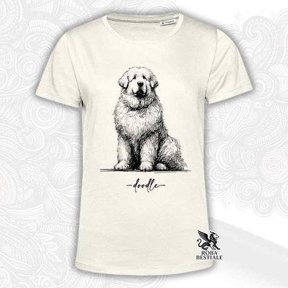 T-shirt beige stampata con un Pastore Abruzzese Maremmano, grafica Doodle