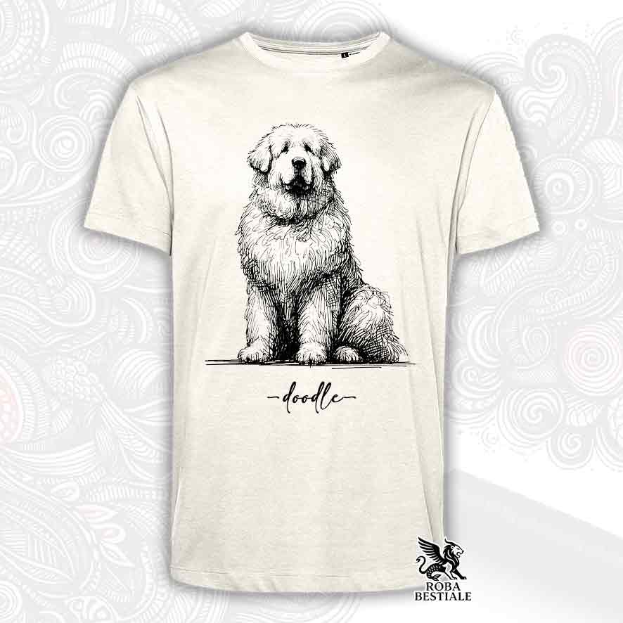 T-shirt beige stampata con un Pastore Abruzzese Maremmano, grafica Doodle