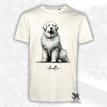 T-shirt beige stampata con un Pastore Abruzzese Maremmano, grafica Doodle