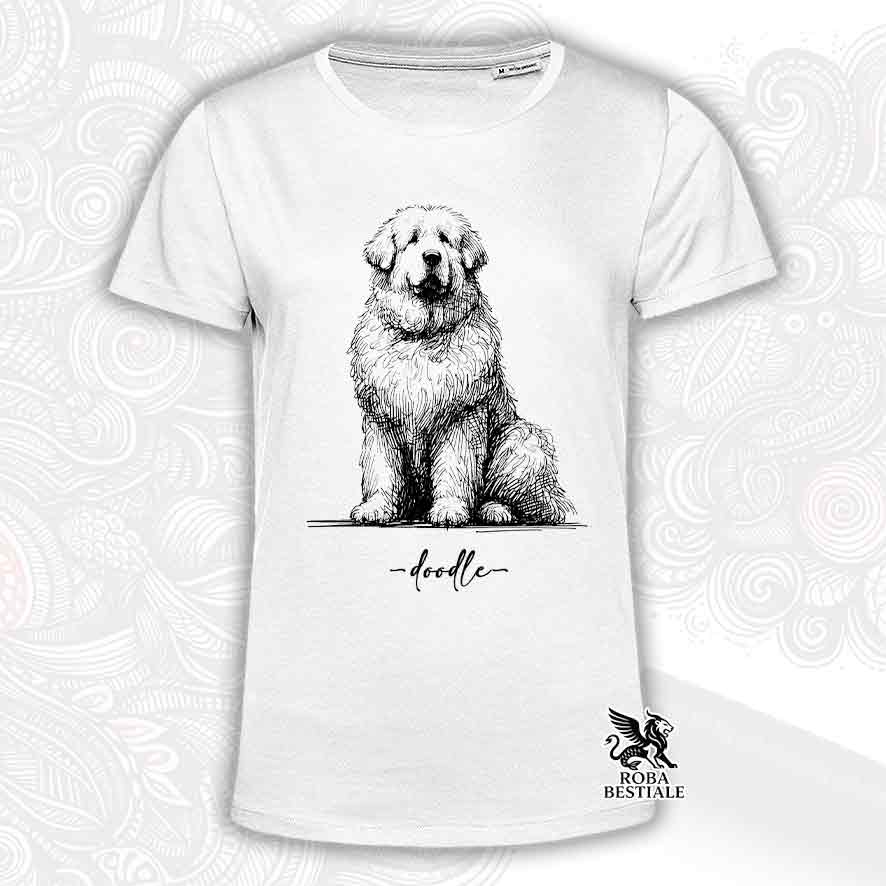 T-shirt bianca stampata con un Pastore Abruzzese Maremmano, grafica Doodle