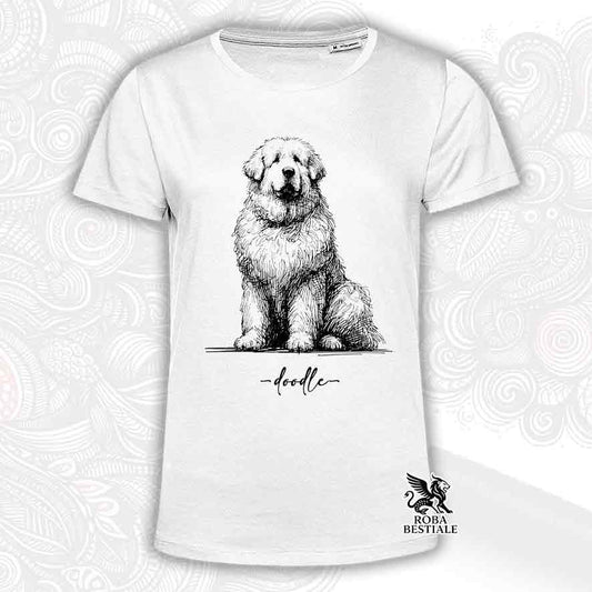 T-shirt bianca stampata con un Pastore Abruzzese Maremmano, grafica Doodle