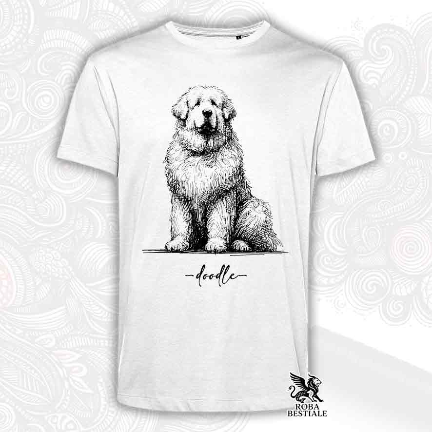 T-shirt bianca stampata con un Pastore Abruzzese Maremmano, grafica Doodle