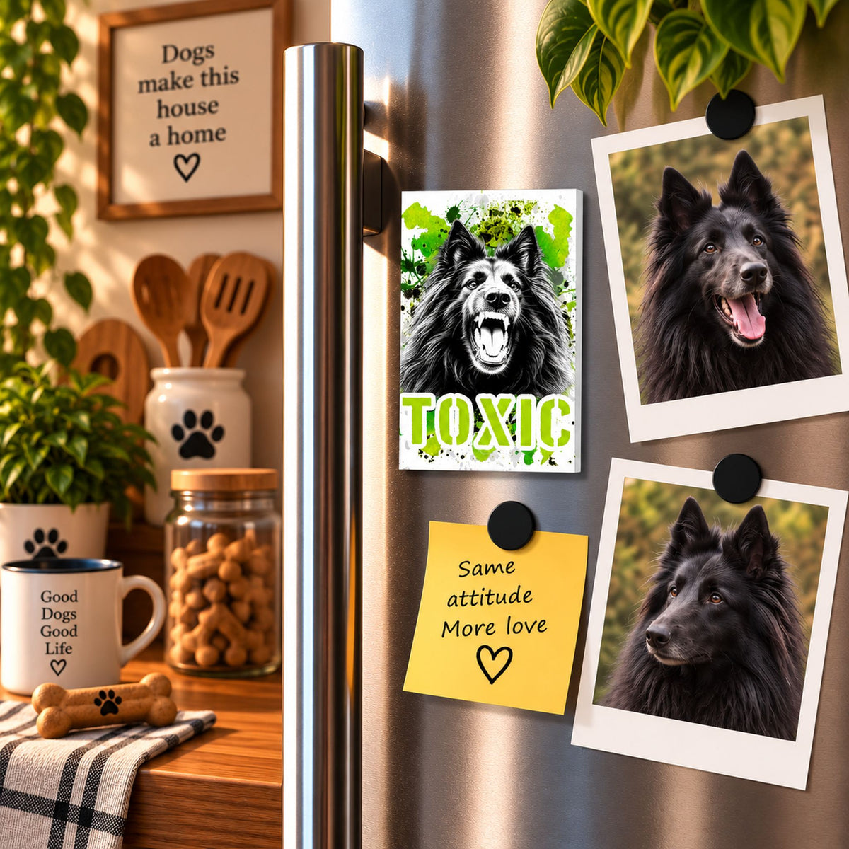 Calamita in MDF con la stampa di un Pastore Belga Groenendael. Idea regalo per amanti dei cani, da Roba Bestiale