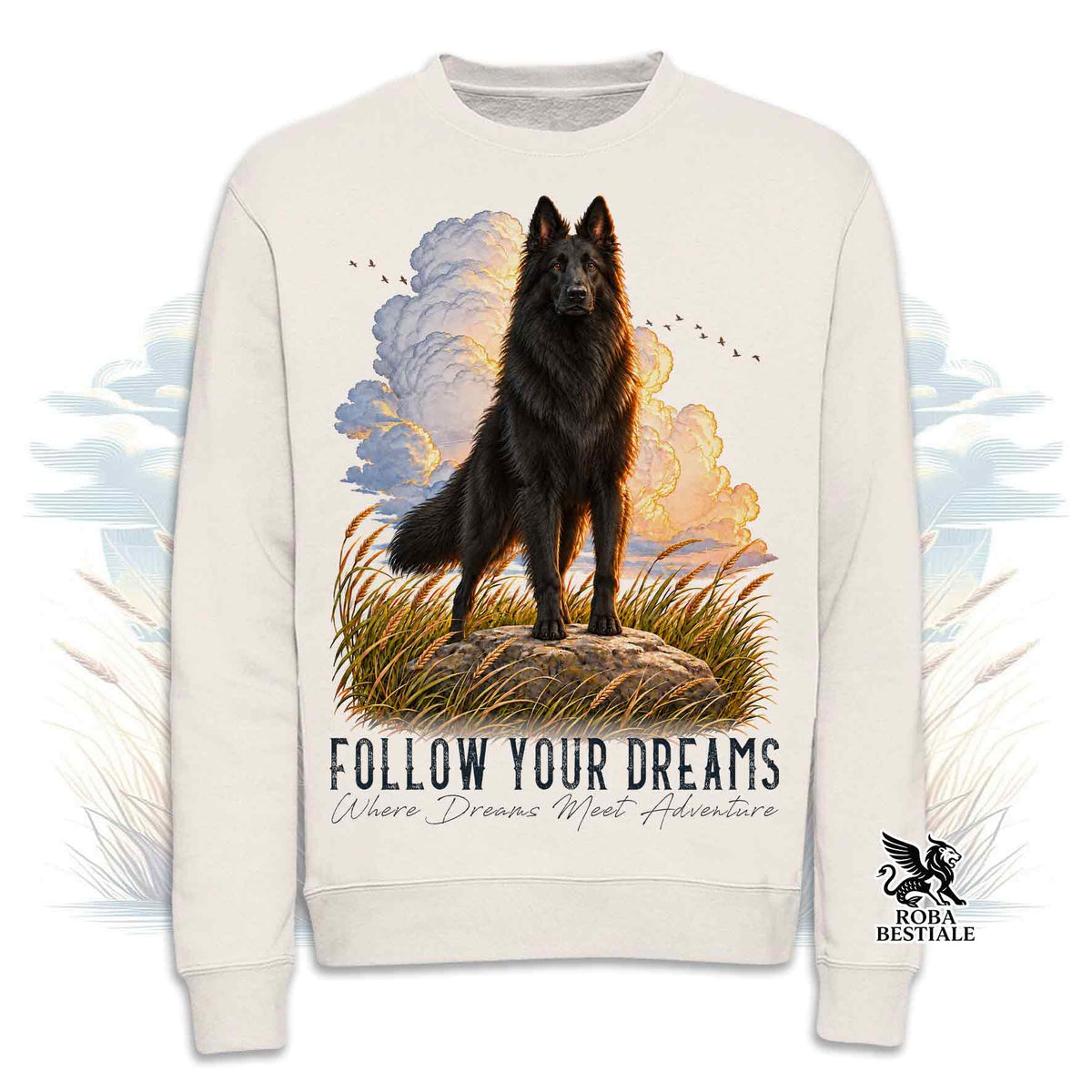 Felpa girocollo beige stampata con un Pastore Belga Groenendael. Grafica originale Roba Bestiale, collezione Dream