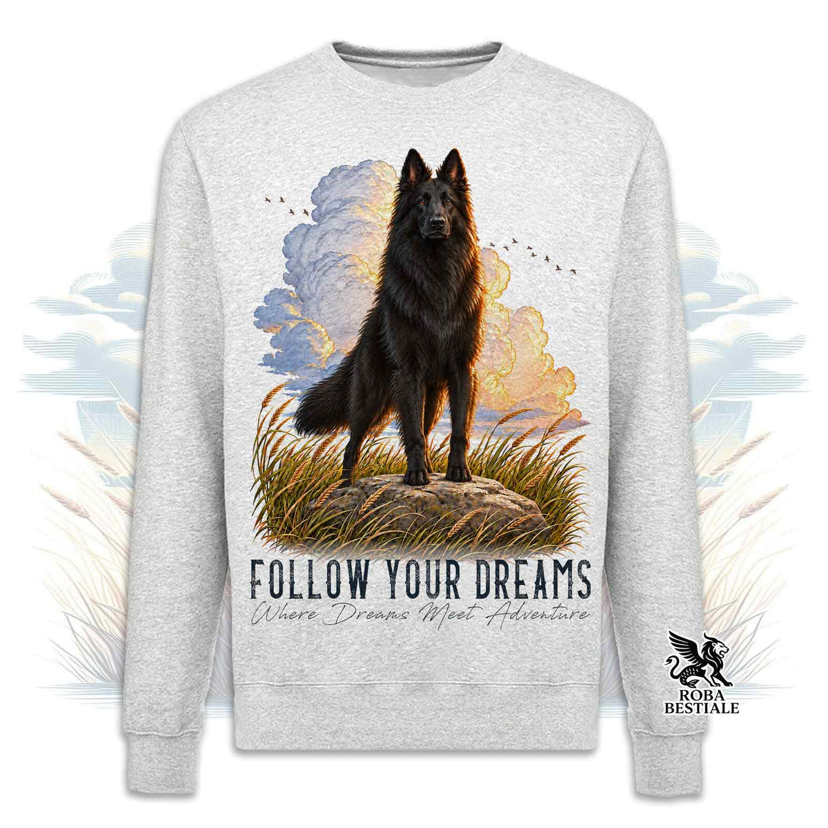Felpa girocollo grigia stampata con un Pastore Belga Groenendael. Grafica originale Roba Bestiale, collezione Dream